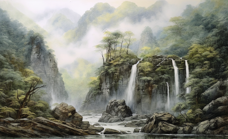 黄绿色深山岩石瀑布溪流中国画,插画/手绘图,插画/手绘图库,插画/手绘图下载,插画/手绘